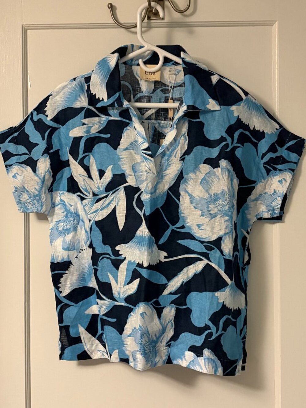 Elie Tahari NWT 100% european linen floral print popover blouse size small